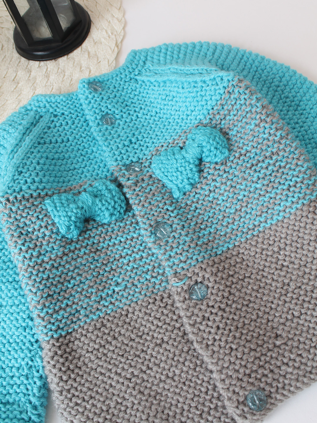 Woonie Handknitted Garter Stitch Bow Sweater - Blue