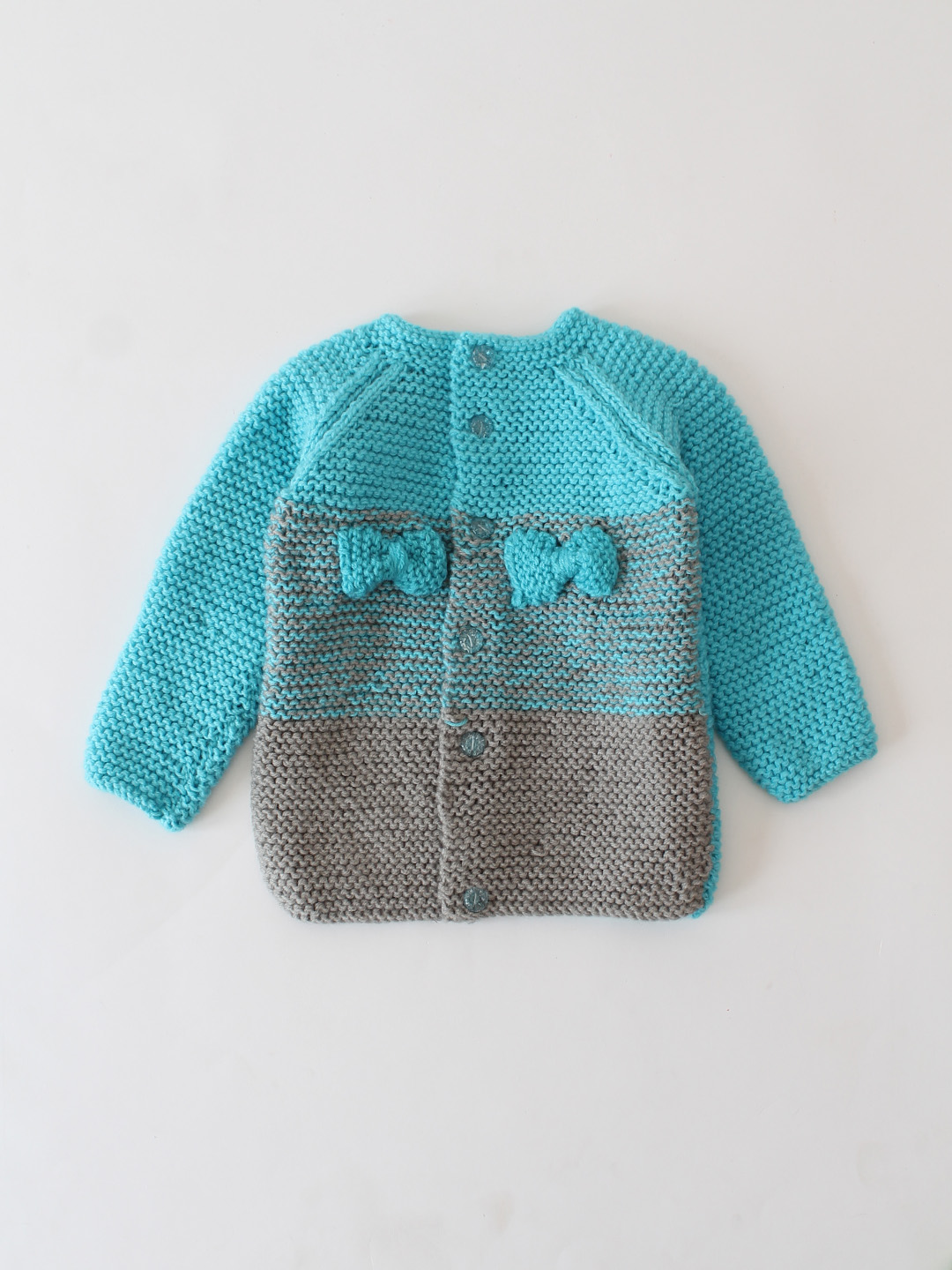 Woonie Handknitted Garter Stitch Bow Sweater - Blue