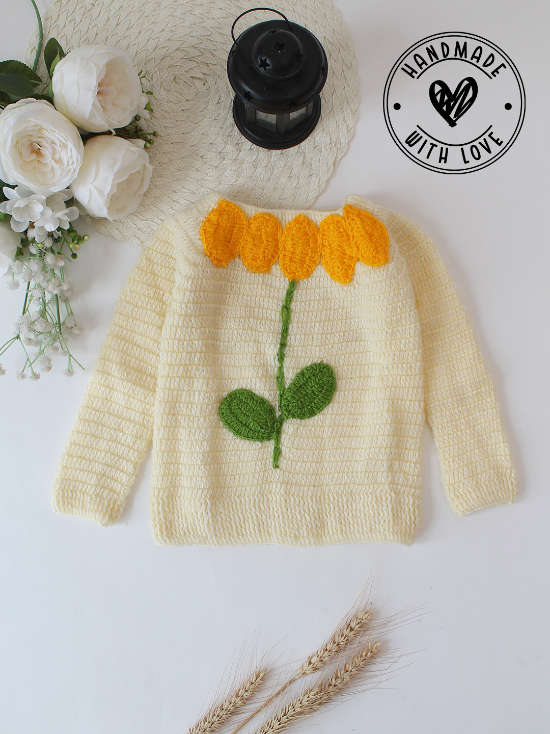 Woonie Crochet Flower Designed Sweater - Cream