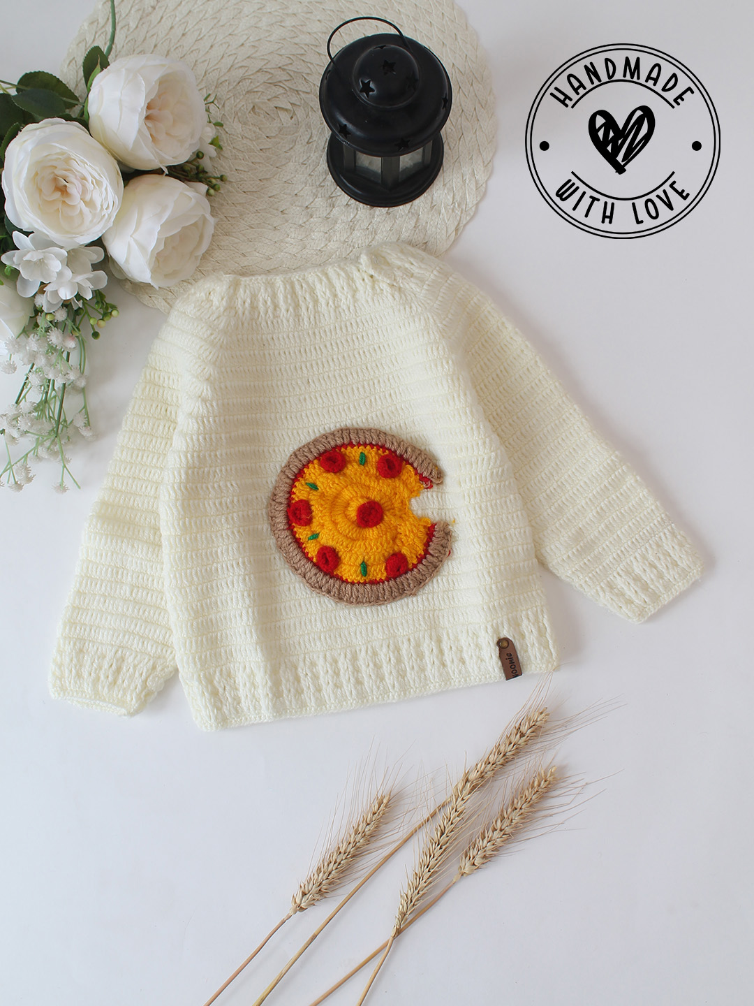 Woonie Crochet Pizza Designed Sweater - Cream