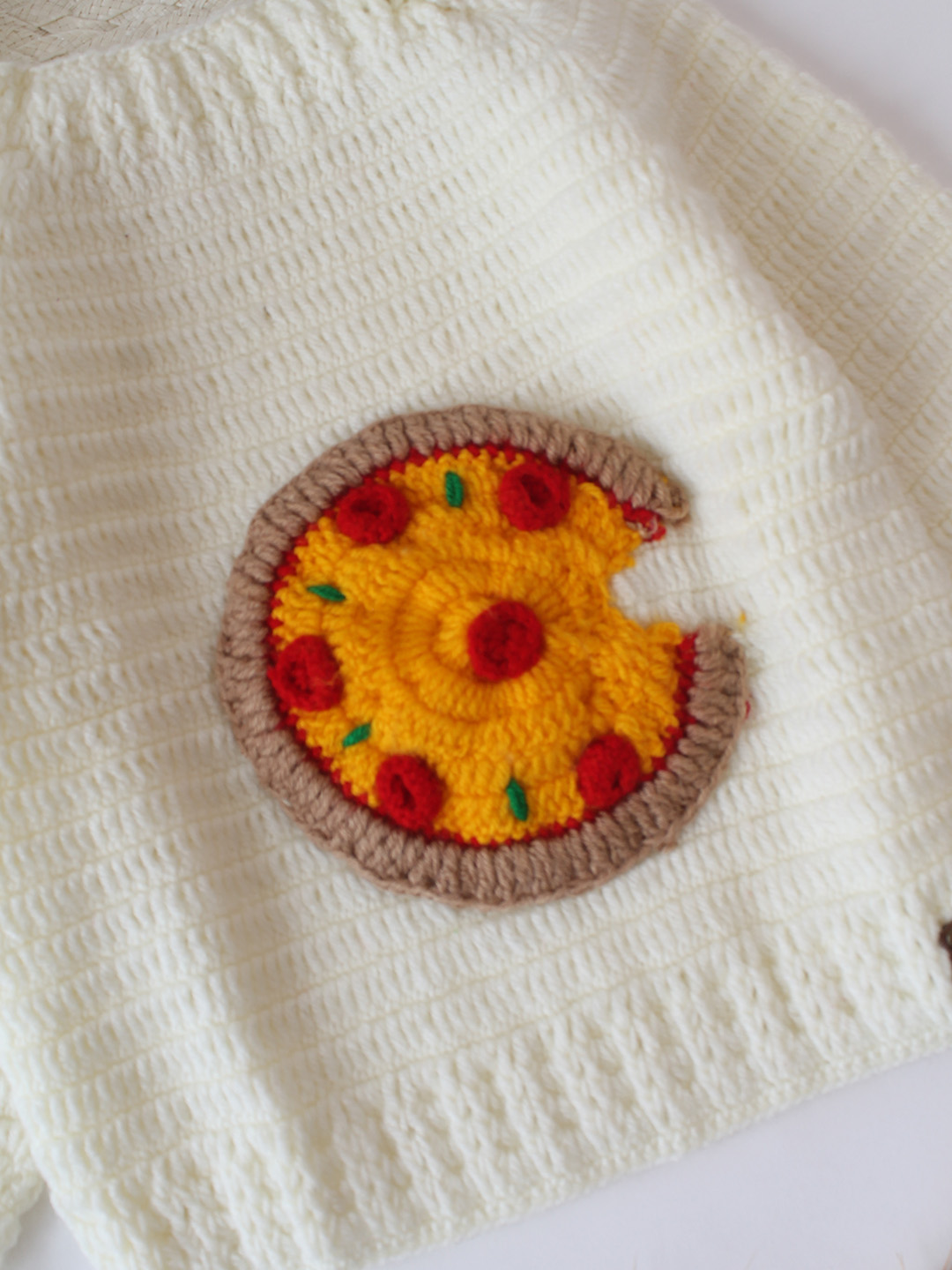 Woonie Crochet Pizza Designed Sweater - Cream
