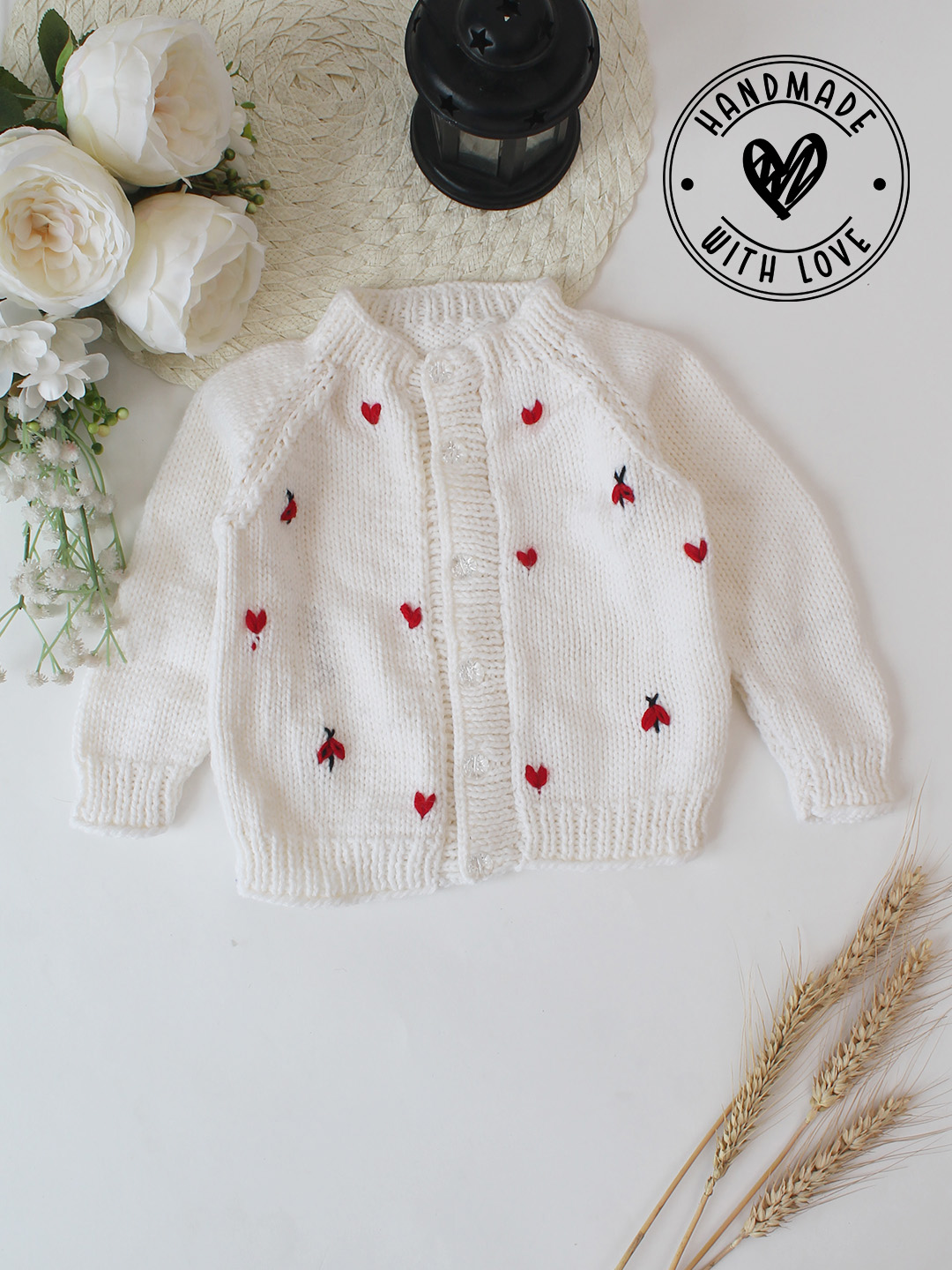 Woonie Handknitted Bug and Bee Embroidered Sweater - White