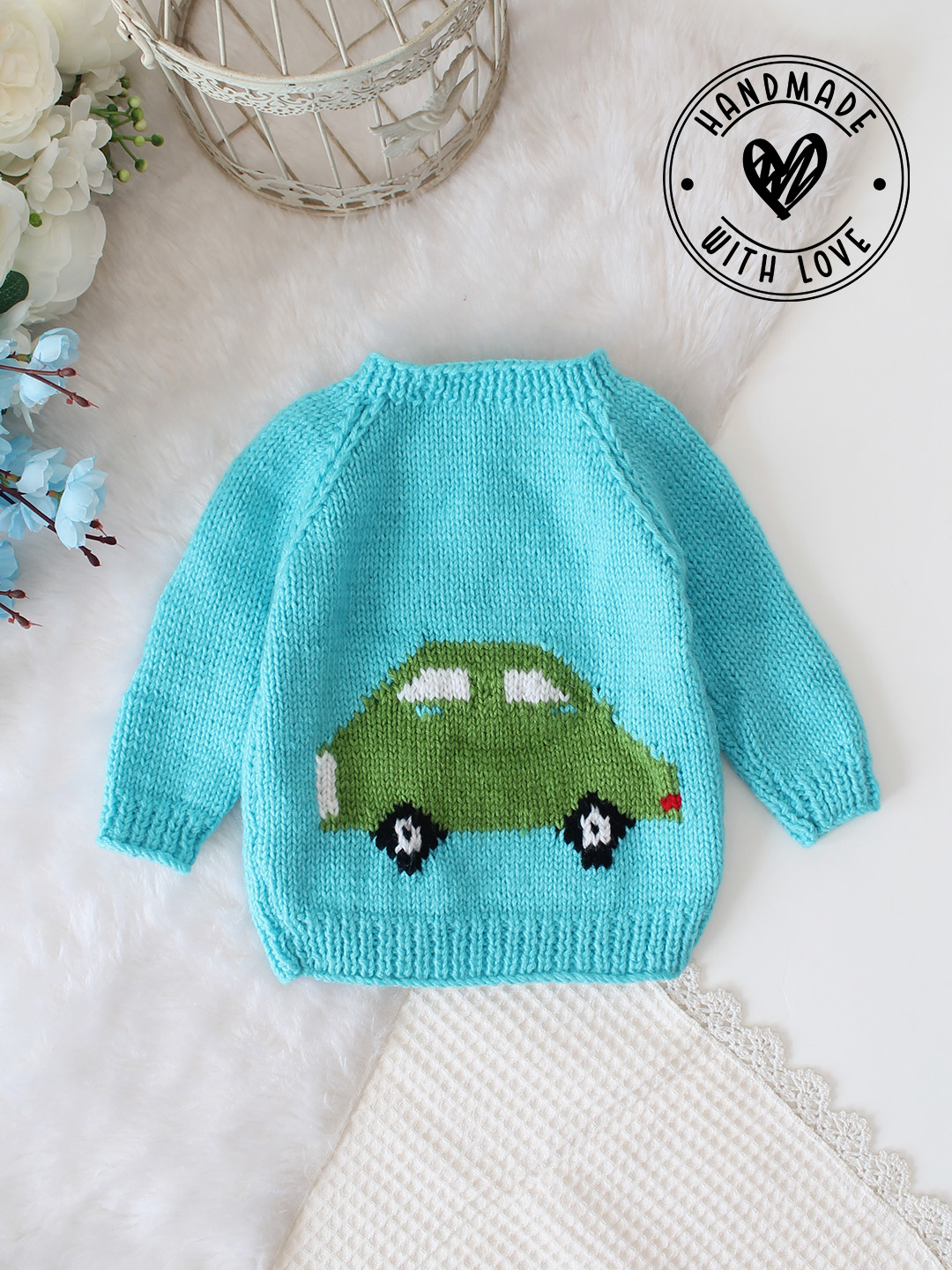 Woonie Handknitted Car Intarsia Sweater - Blue
