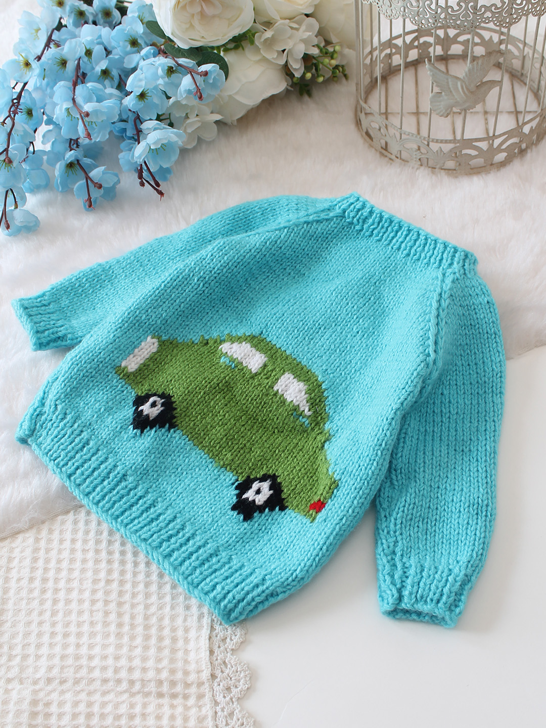 Woonie Handknitted Car Intarsia Sweater - Blue