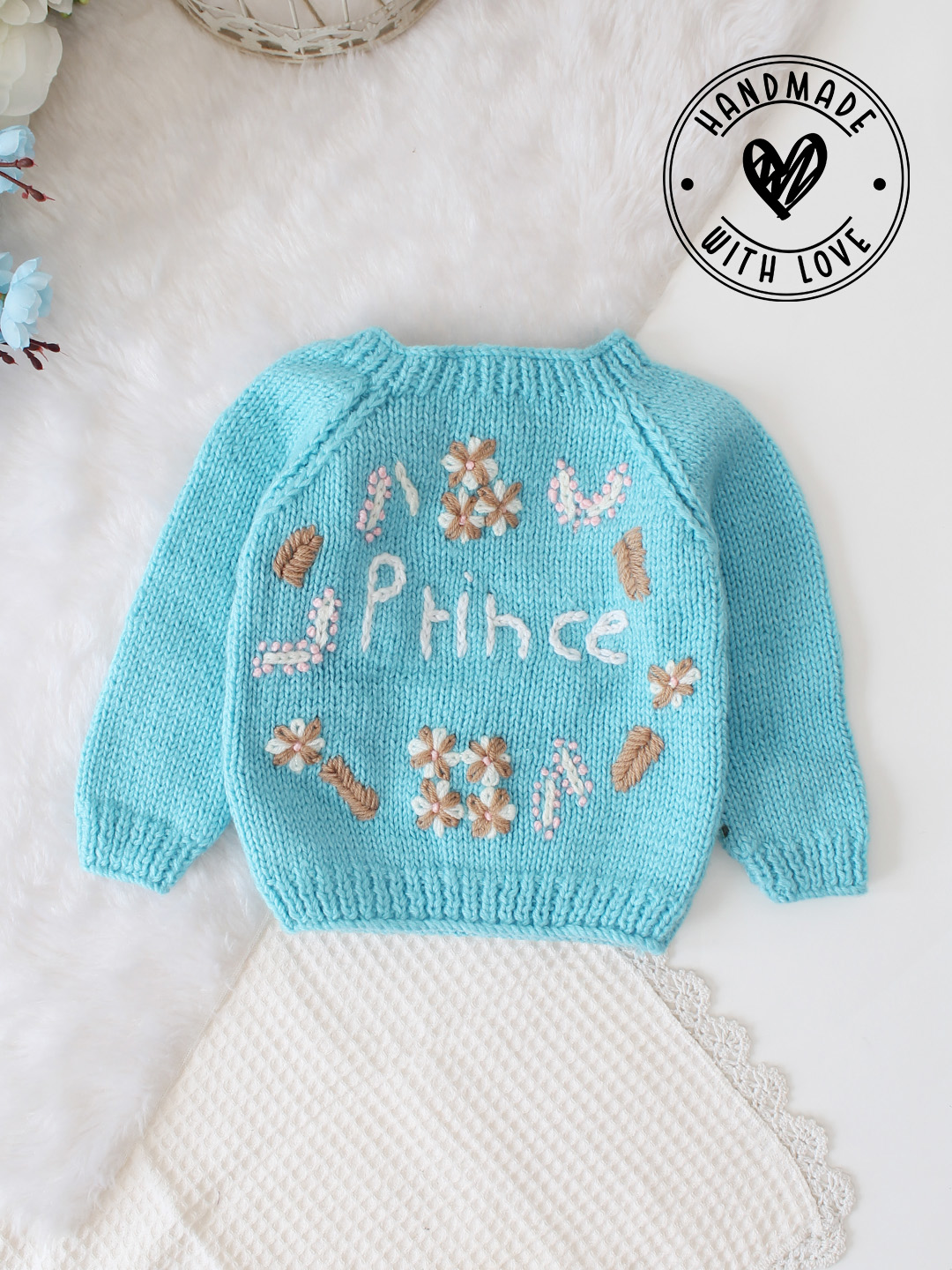Woonie Handknitted Prince Text Embroidered Sweater - Blue