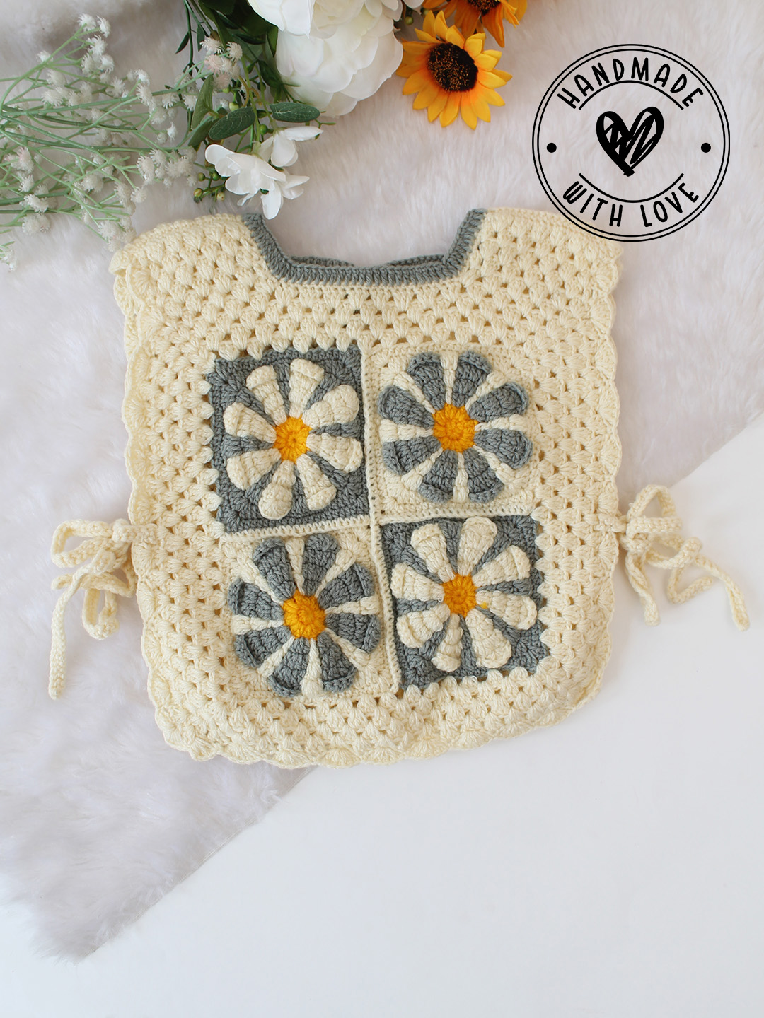 Woonie Handknitted Floral Sweater Vest with Side Tie ups - Cream