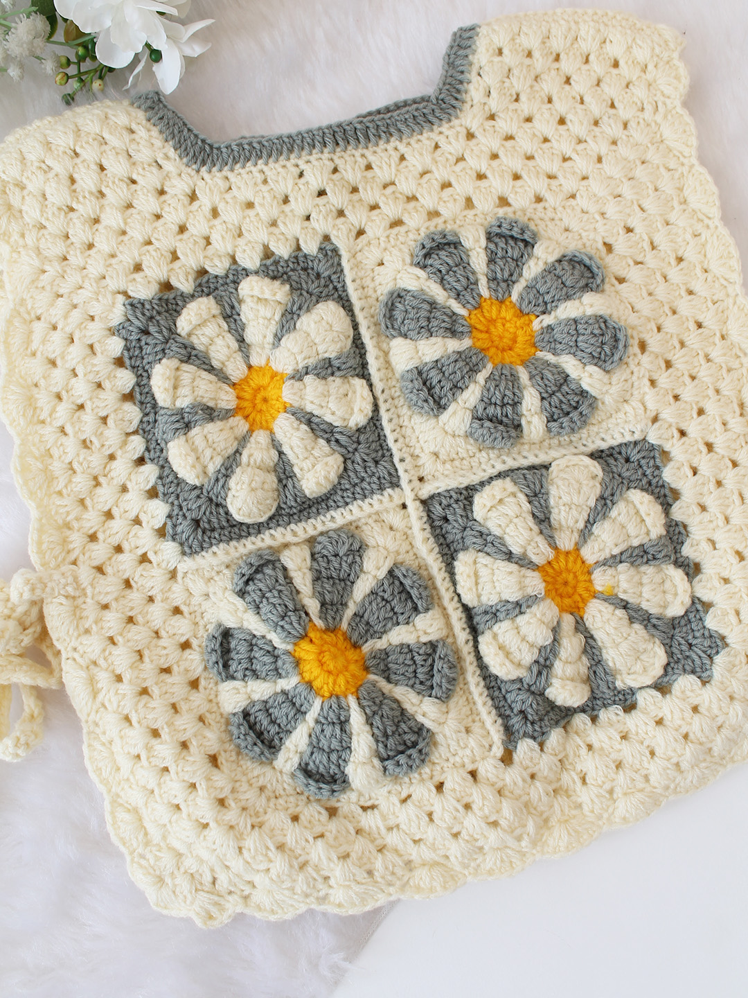 Woonie Handknitted Floral Sweater Vest with Side Tie ups - Cream