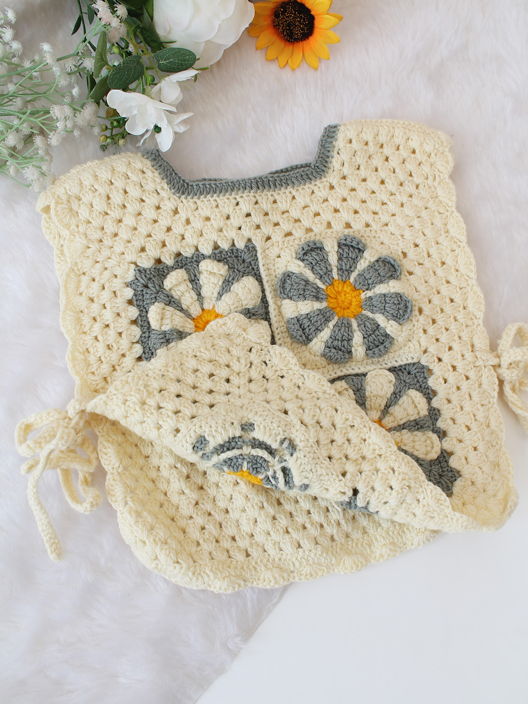 Woonie Handknitted Floral Sweater Vest with Side Tie ups - Cream