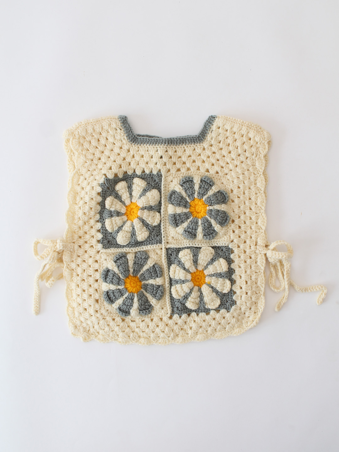 Woonie Handknitted Floral Sweater Vest with Side Tie ups - Cream