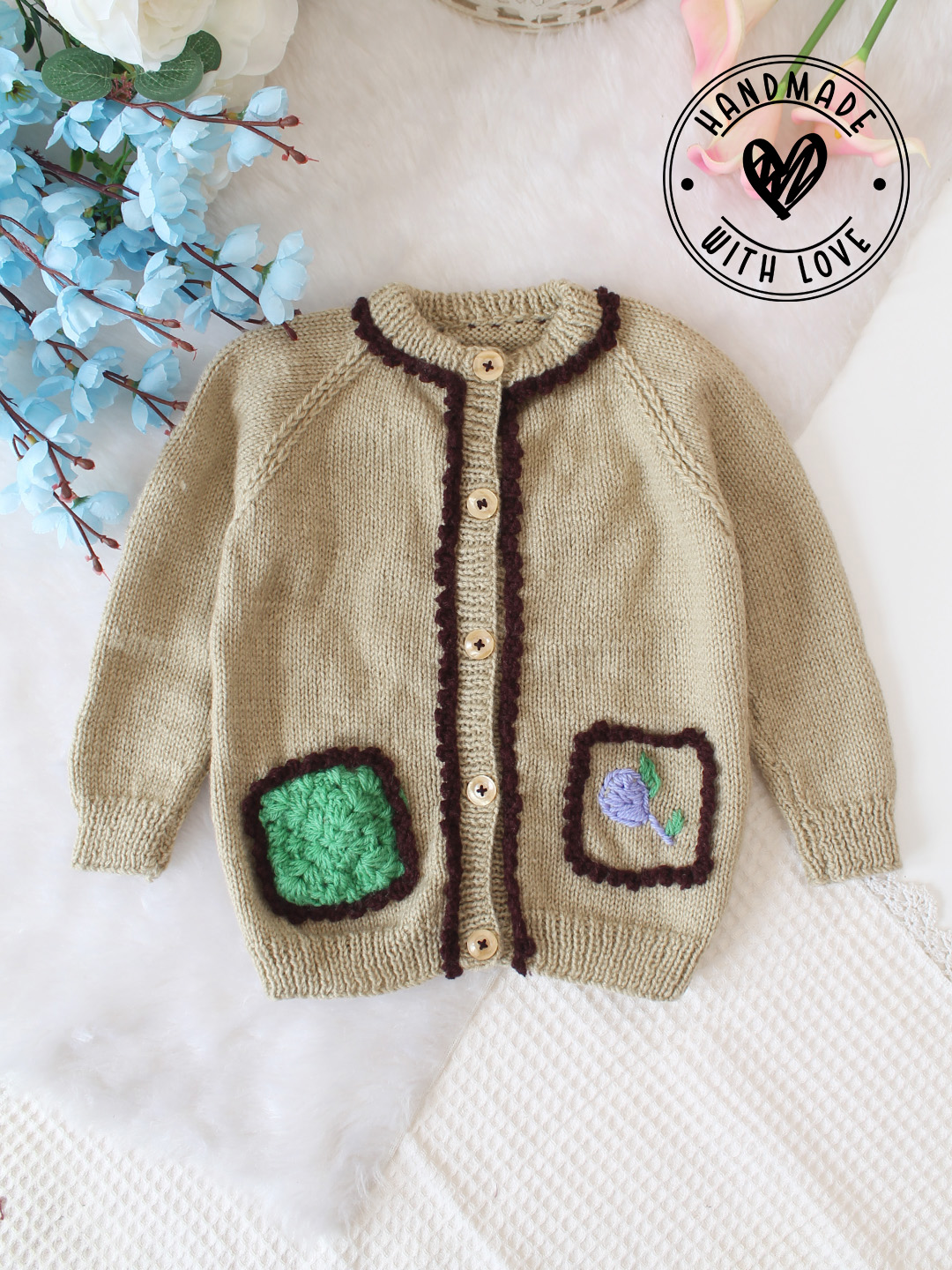 Woonie Handknitted Sweater with Scallop Detail- Beige