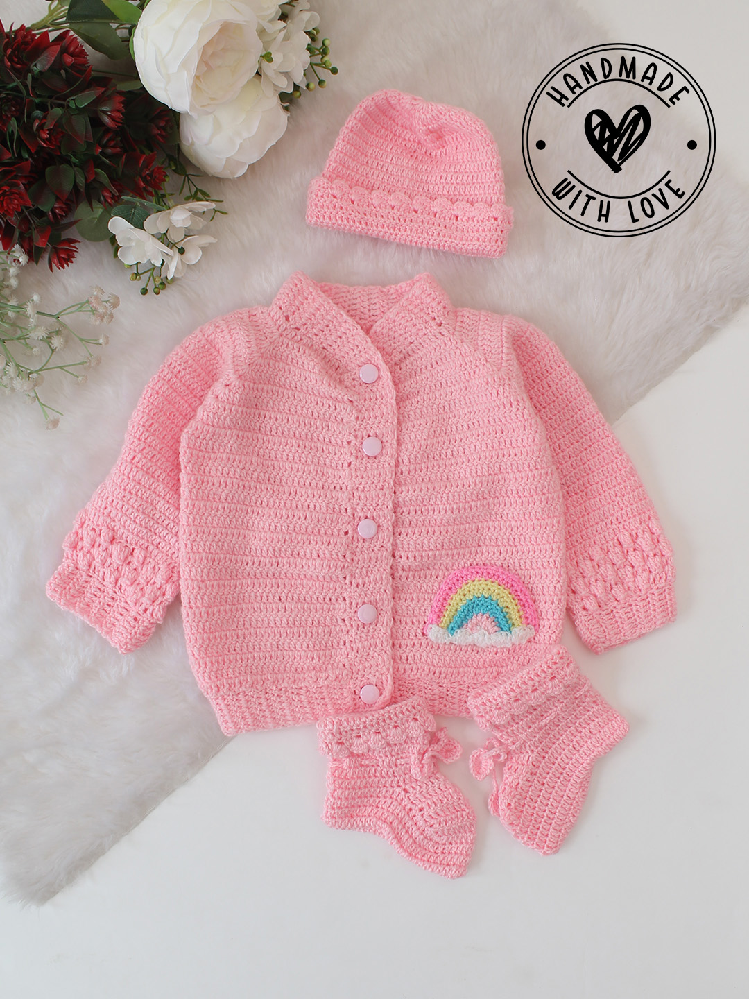 Woonie Crochet Cardigan with Rainbow Applique Detail - Pink