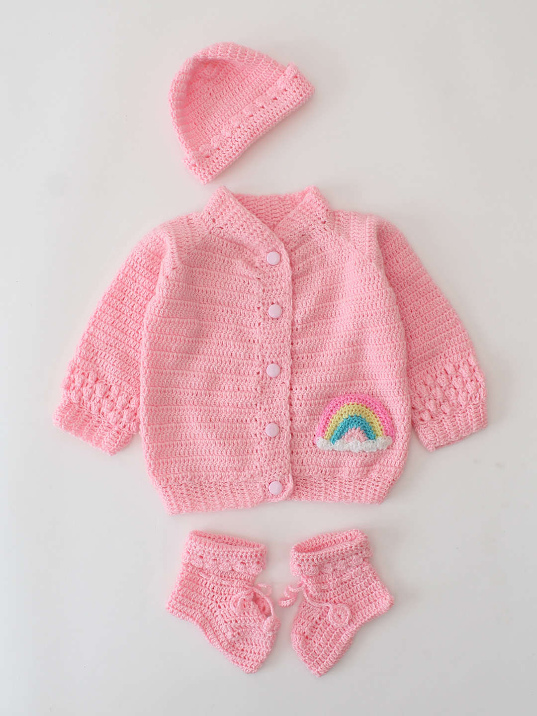 Woonie Crochet Cardigan with Rainbow Applique Detail - Pink