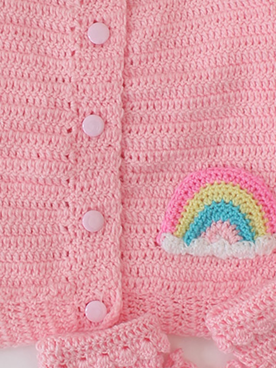 Woonie Crochet Cardigan with Rainbow Applique Detail - Pink