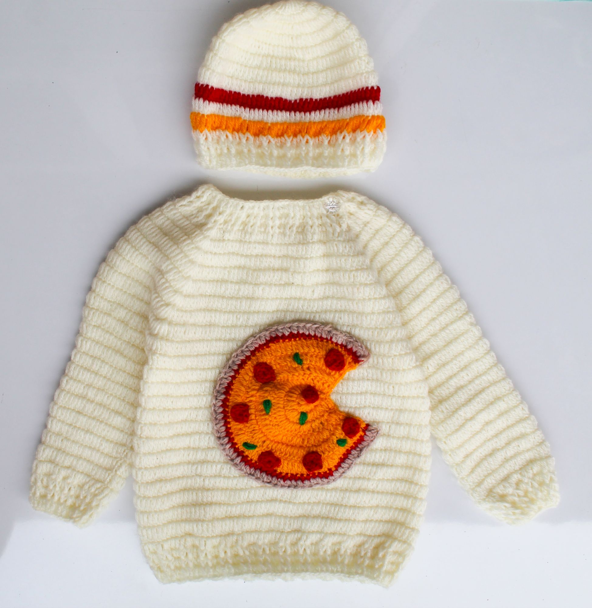 Woonie Handmade Pizza Sweater with Cap for Kids