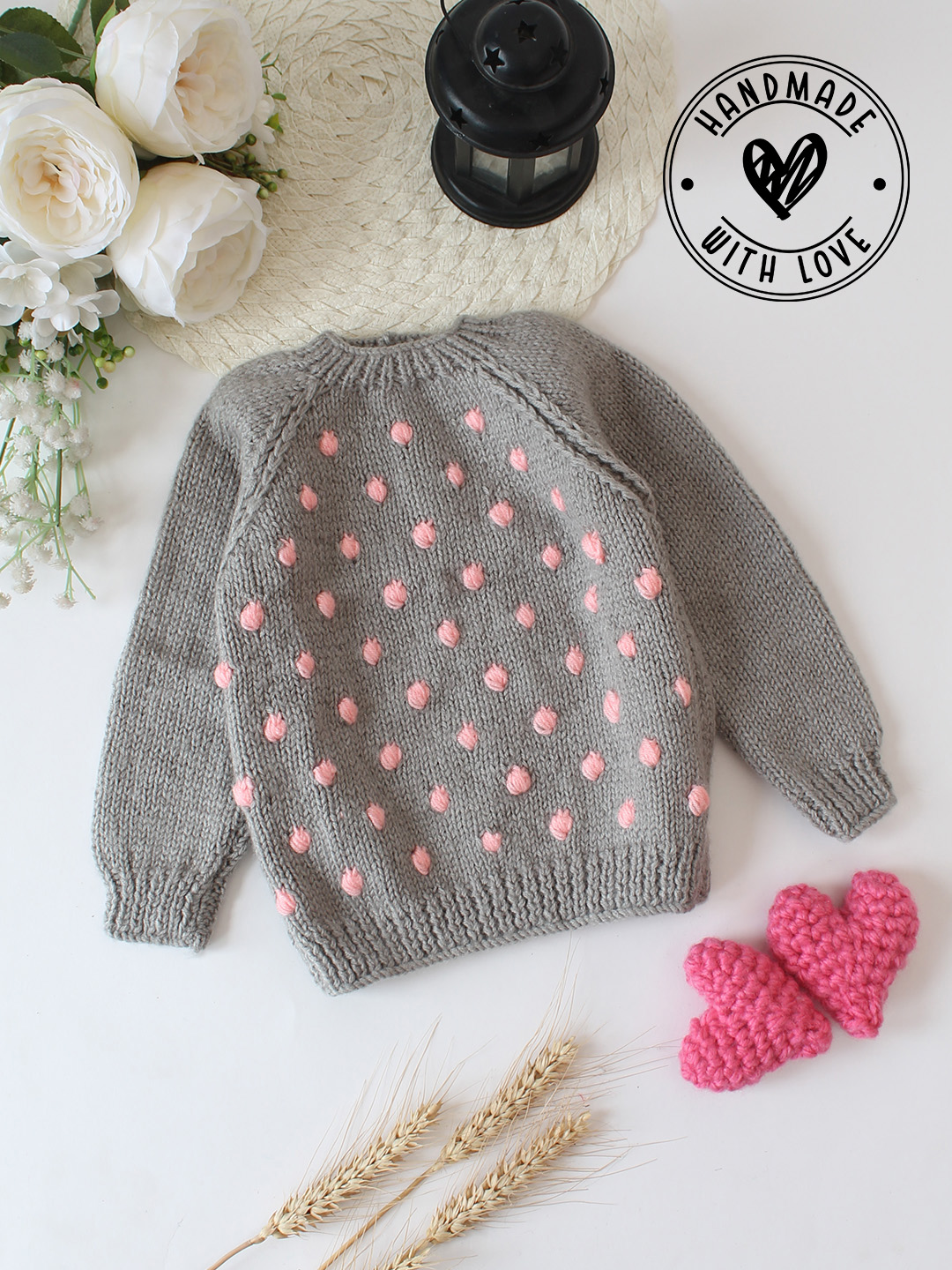 Woonie Handknitted Bobble Stitch Detaled Pullover - Grey