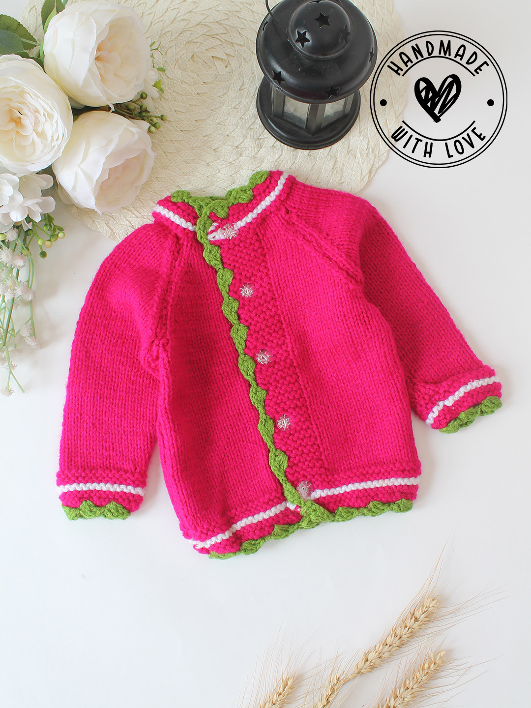 Woonie Handknitted Self Design Cardigan - Pink