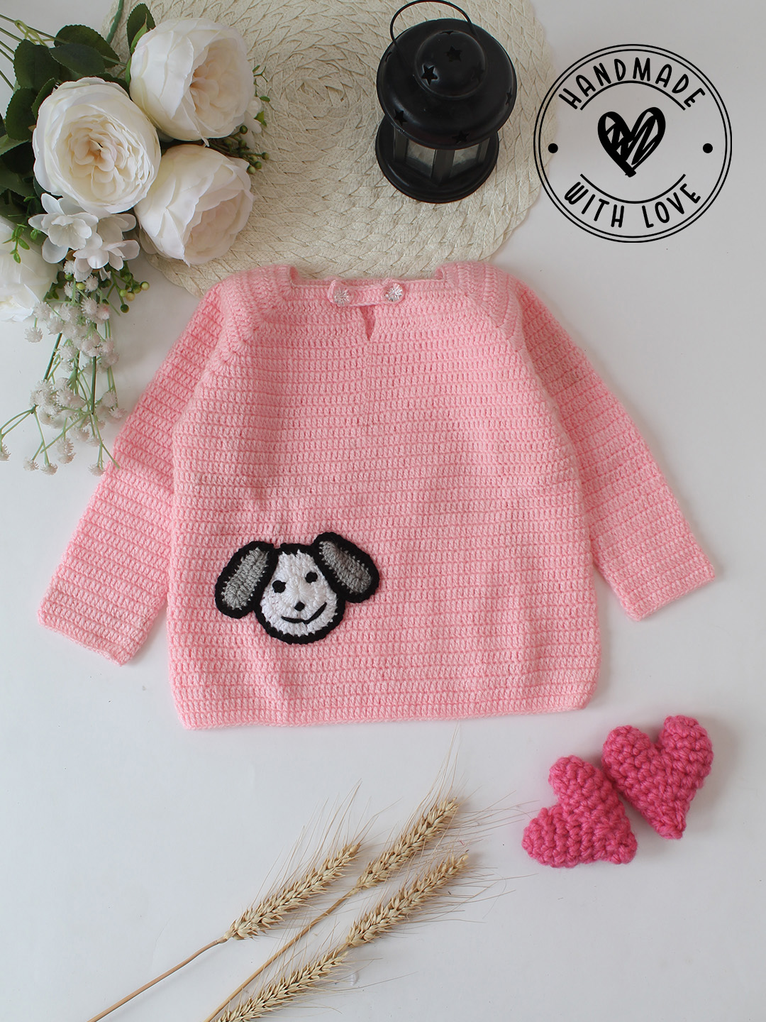 Woonie Crochet Dog Face Applique Detailed Pullover - Pink