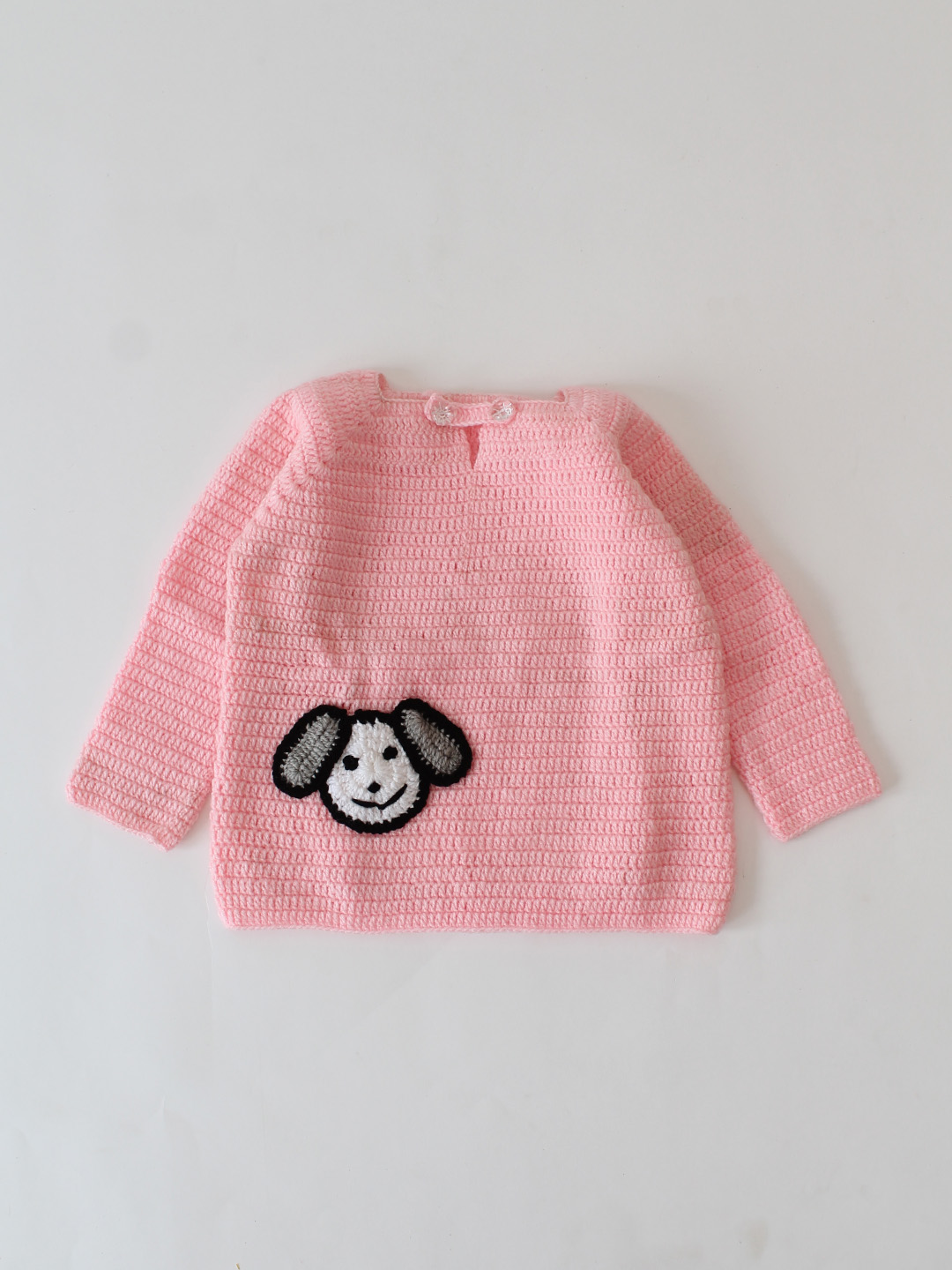 Woonie Crochet Dog Face Applique Detailed Pullover - Pink