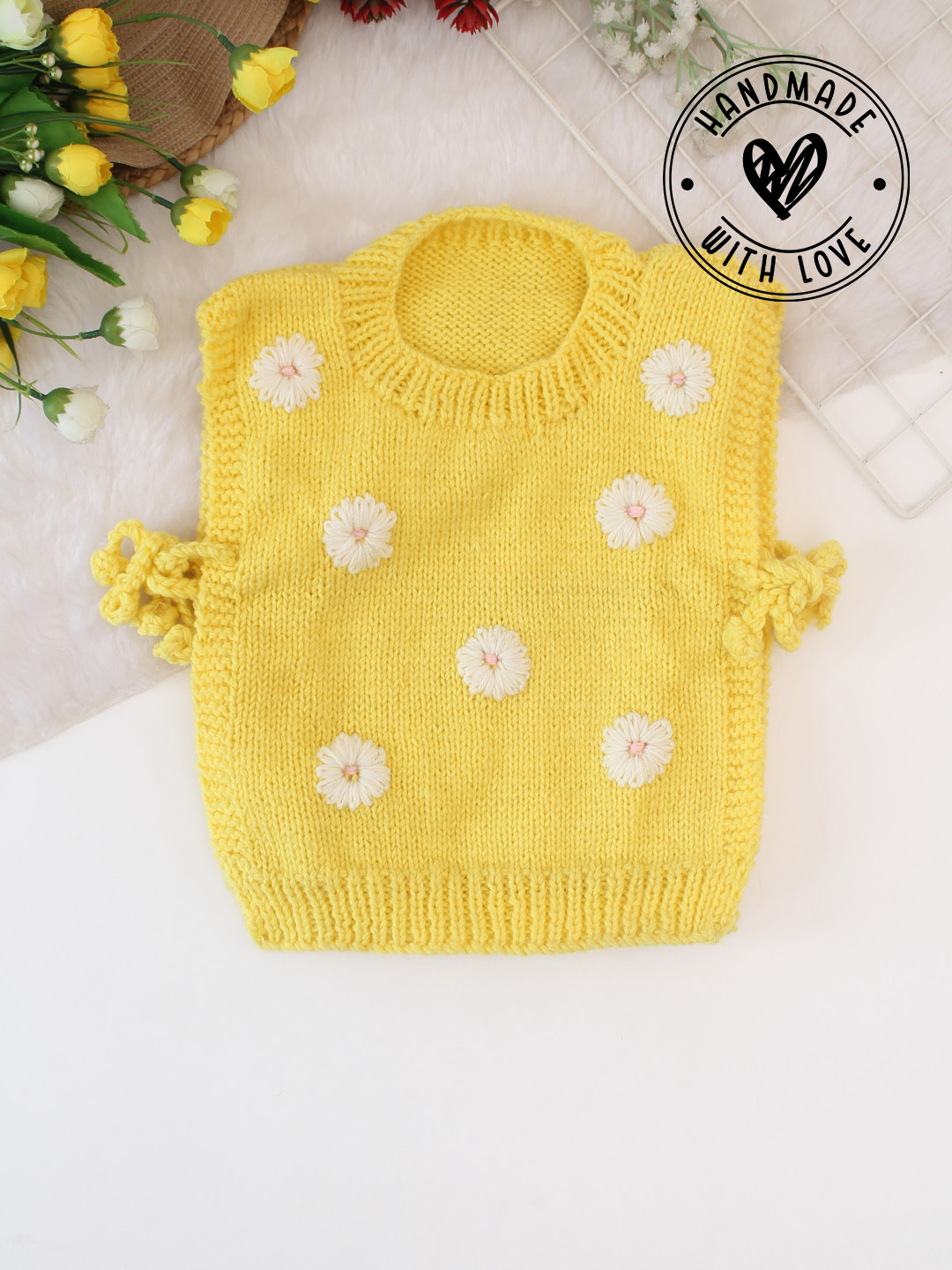 Woonie Handknitted Daisy Side Tie-up Detailed Sweater Vest Yellow