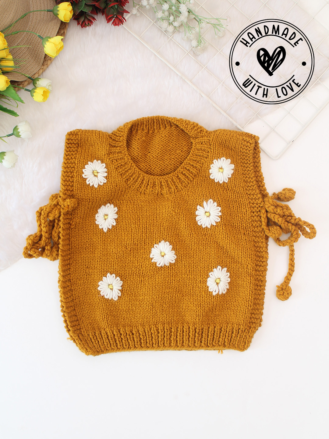 Woonie Handknitted Daisy Side Tie-up Detailed Sweater Vest - Mustard