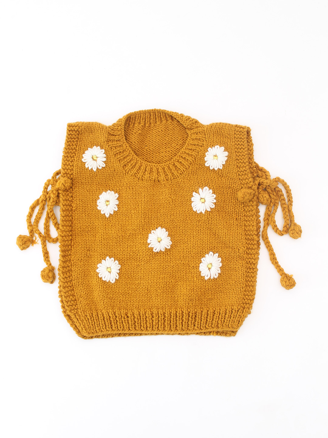 Woonie Handknitted Daisy Side Tie-up Detailed Sweater Vest - Mustard