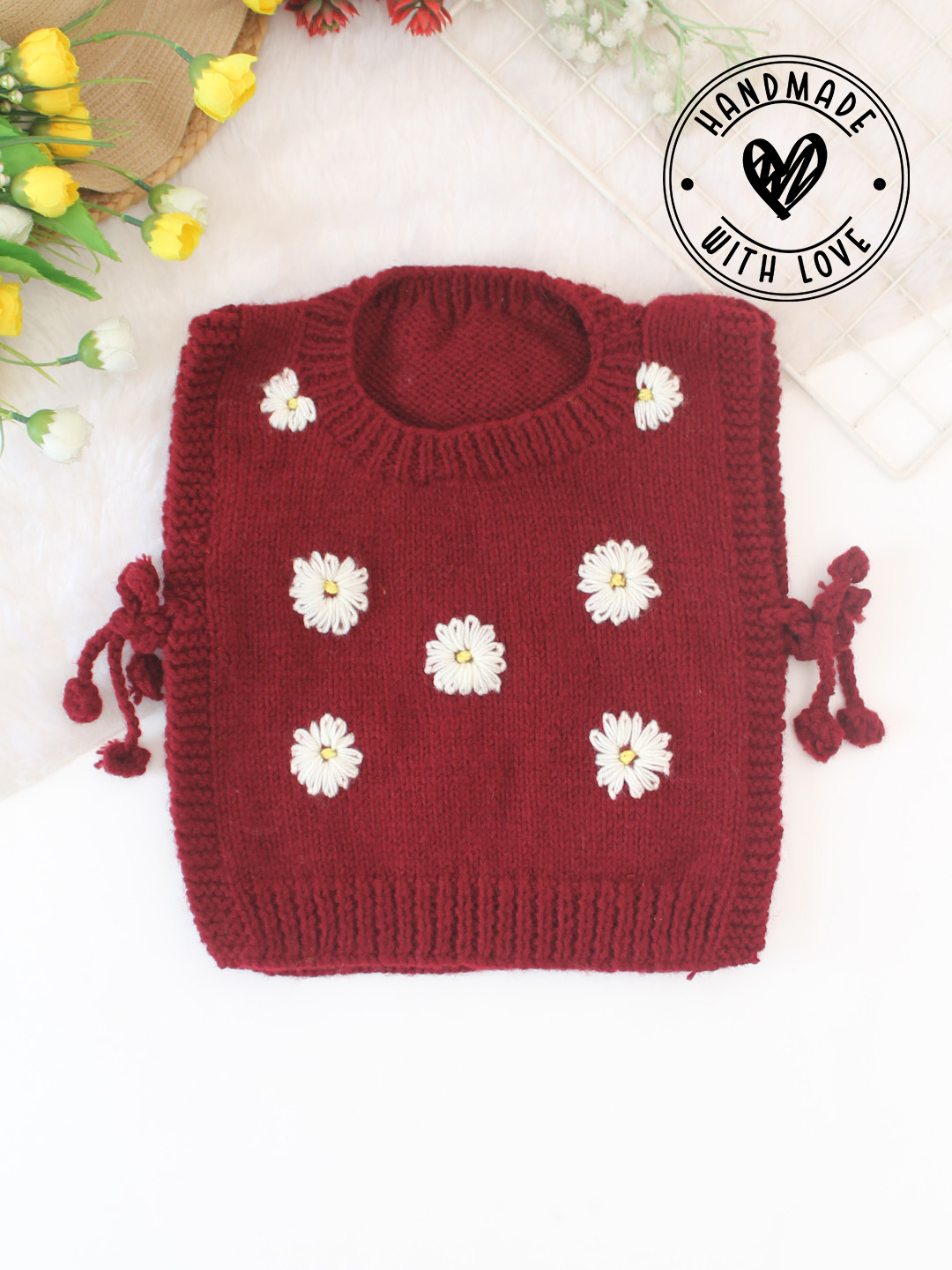 Woonie Handknitted Daisy Side Tie-up Detailed Sweater Vest - Maroon