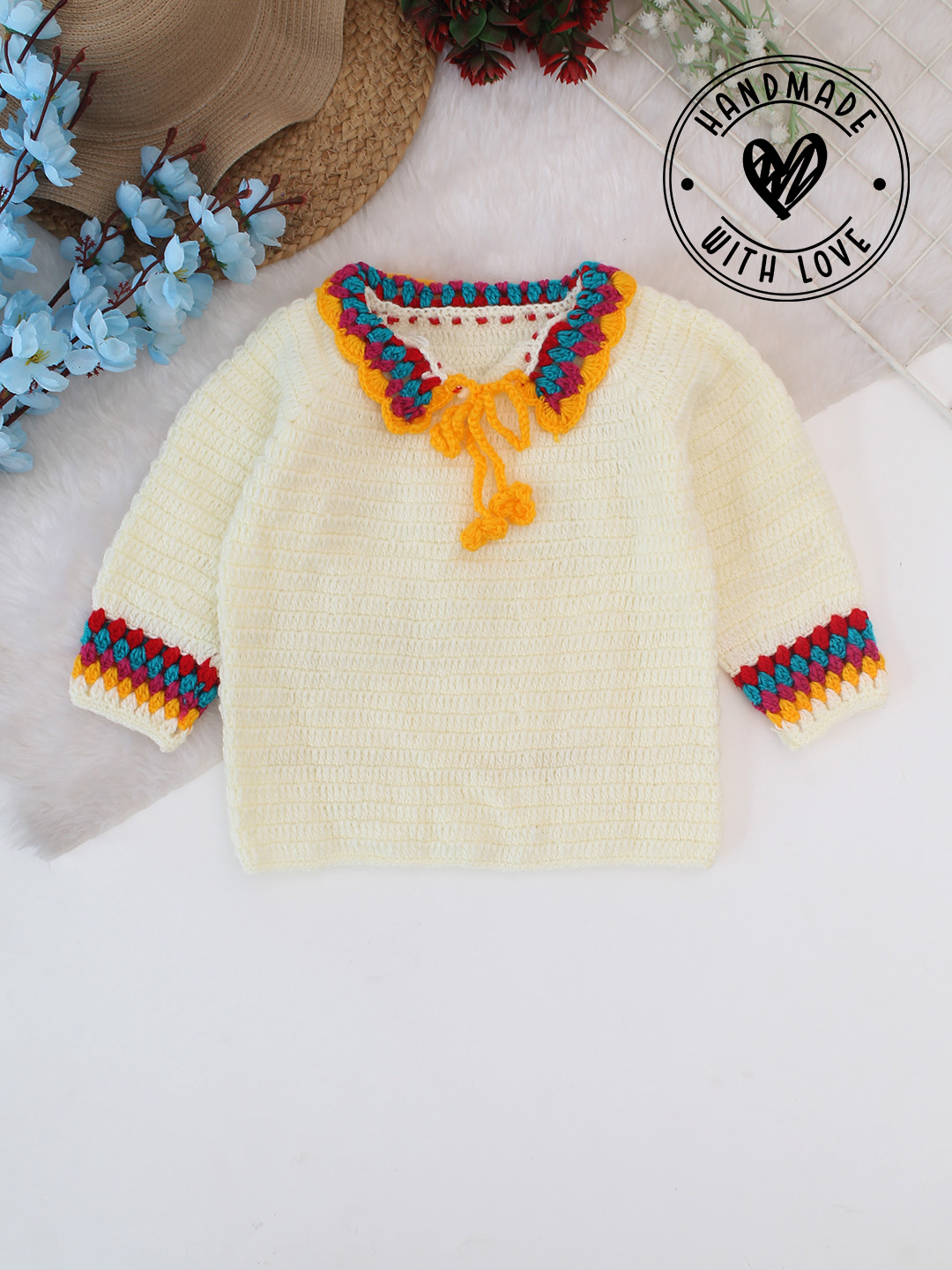 Woonie Crochet Collar Detailed Handmade Sweater - Cream