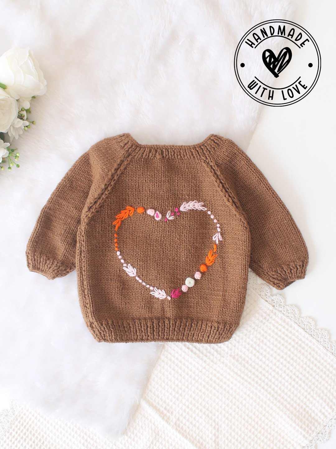 Woonie Handknitted Heart Embroidered Sweater - Brown