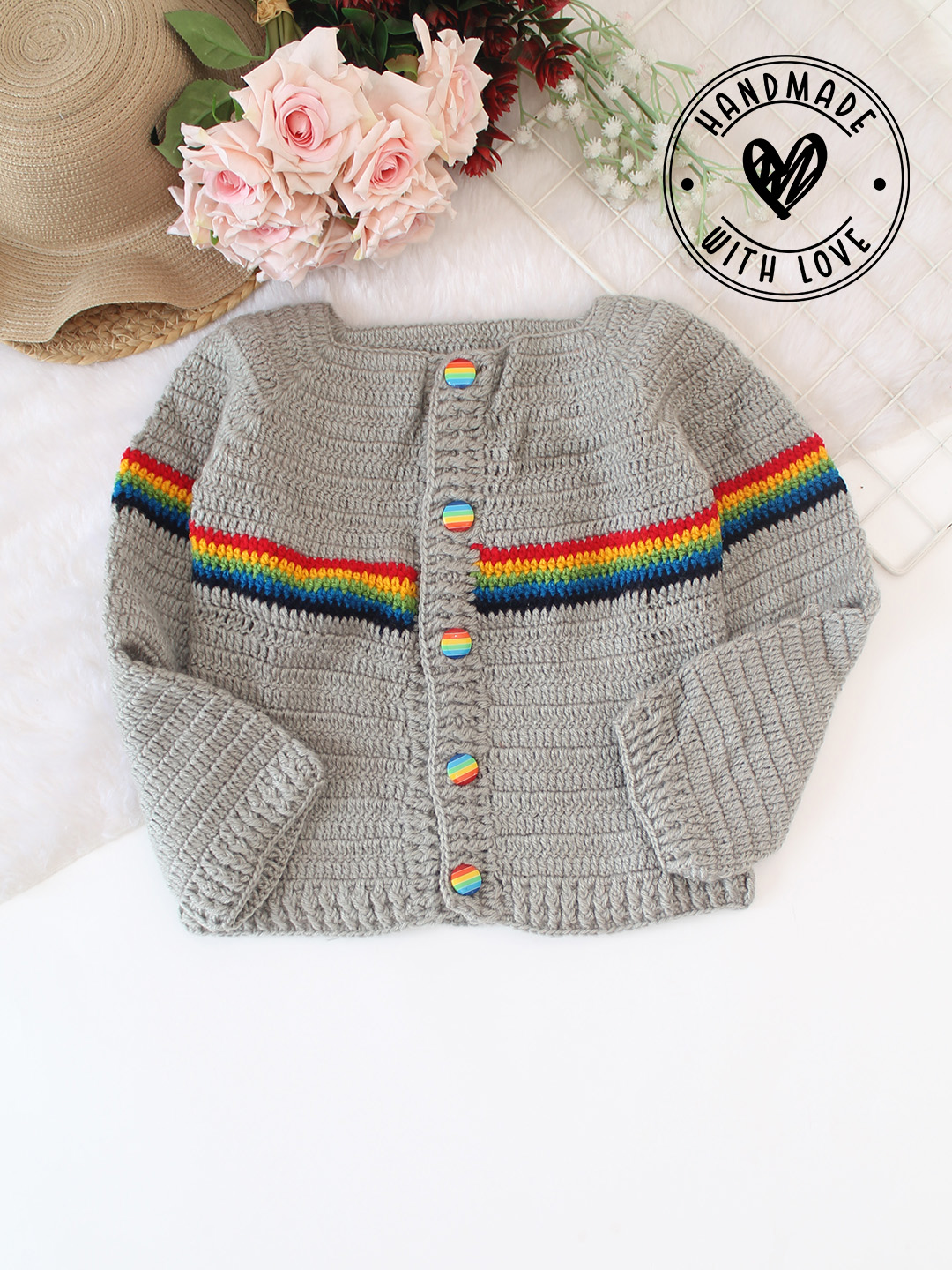 Woonie Handmade Crochet Rainbow Striped Cardigan - Grey