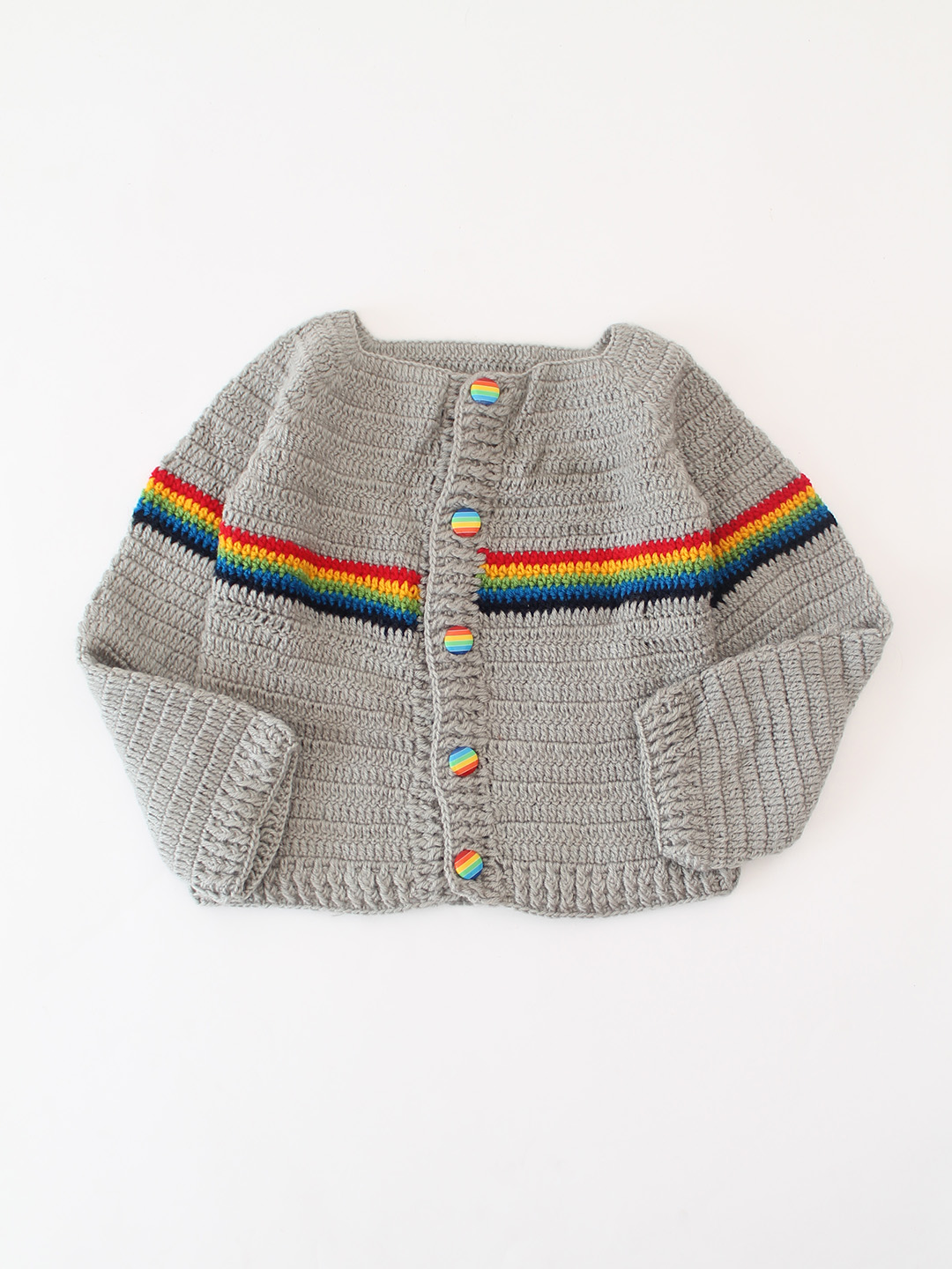 Woonie Handmade Crochet Rainbow Striped Cardigan - Grey