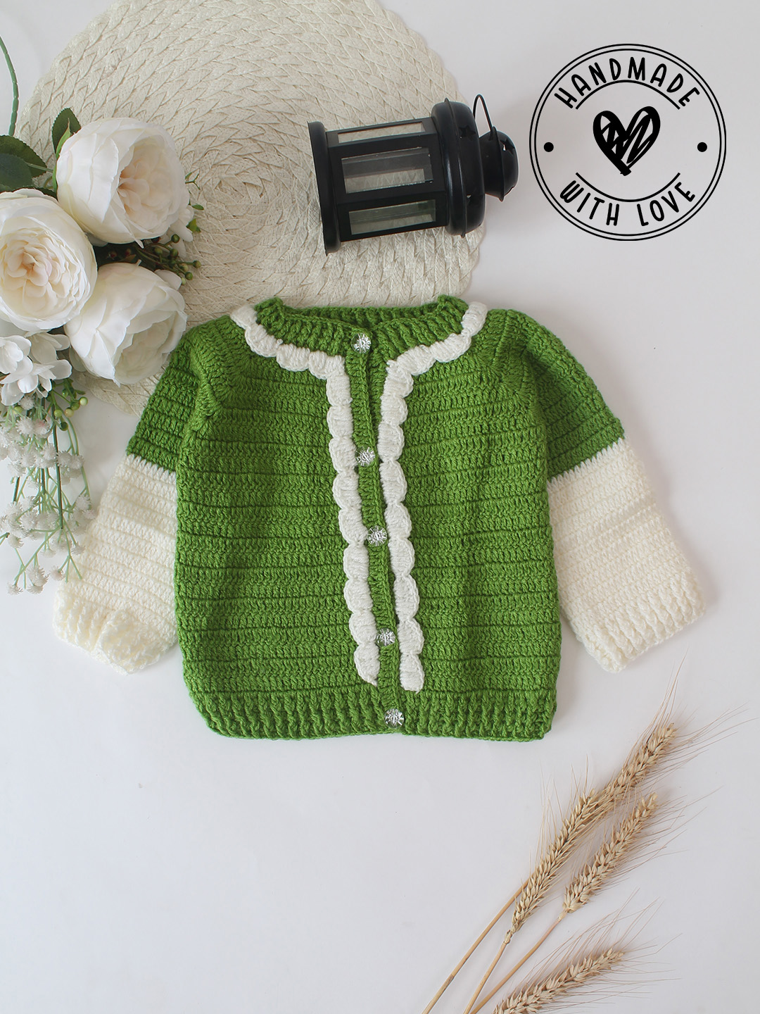Woonie Handmade Crochet Scallop Detailed Cardigan - Green