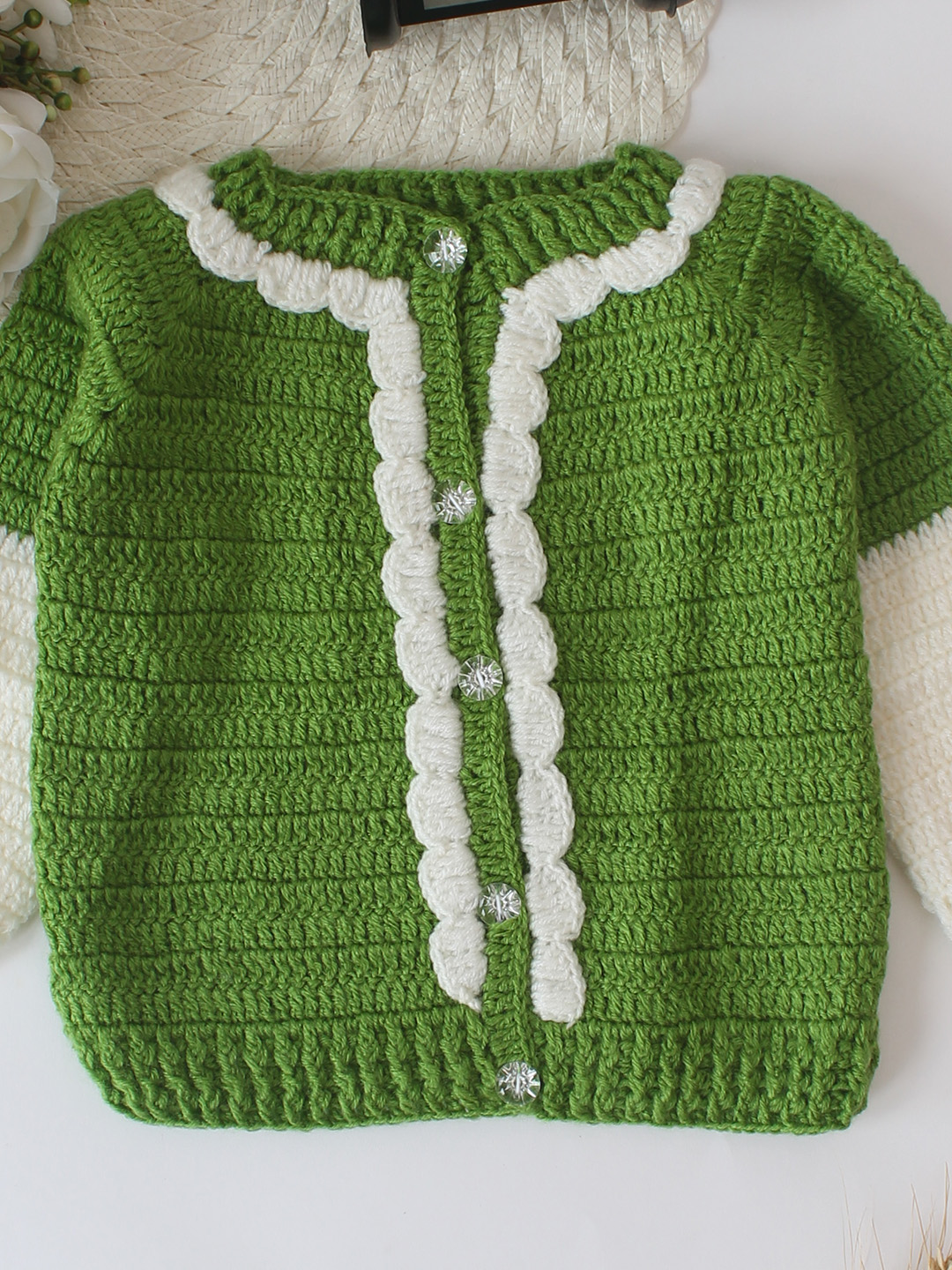Woonie Handmade Crochet Scallop Detailed Cardigan - Green