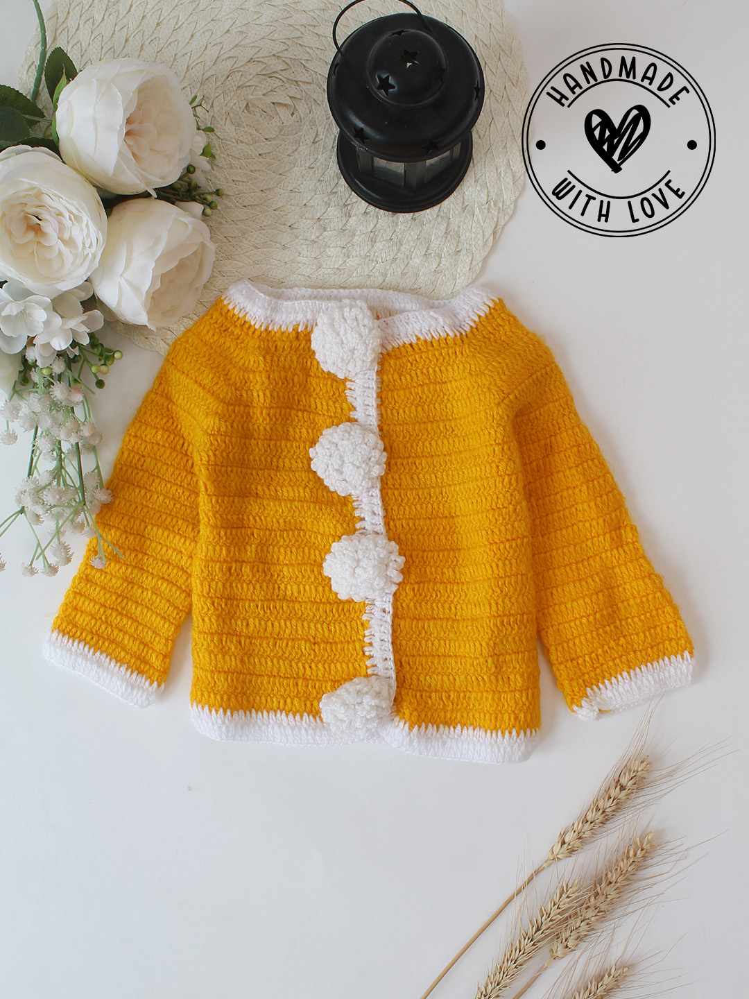 Woonie Handmade Crochet Contrast Border Detailed Sweater - Orange