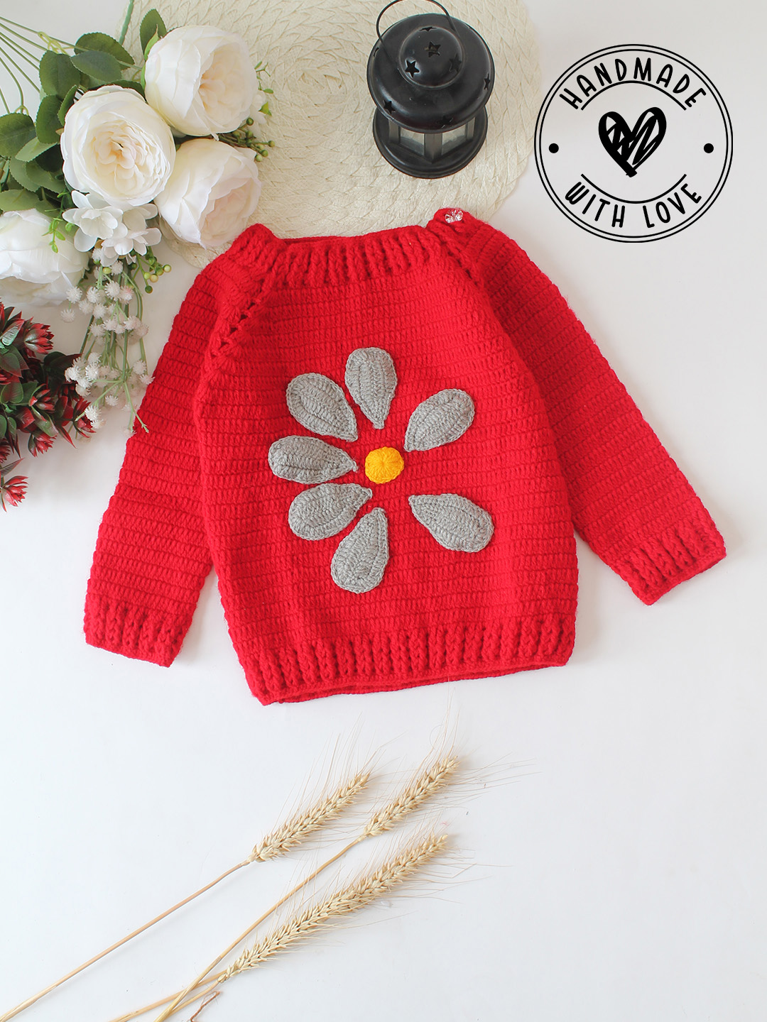 Woonie Handmade Crochet Floral Applique Detailed Sweater - Red