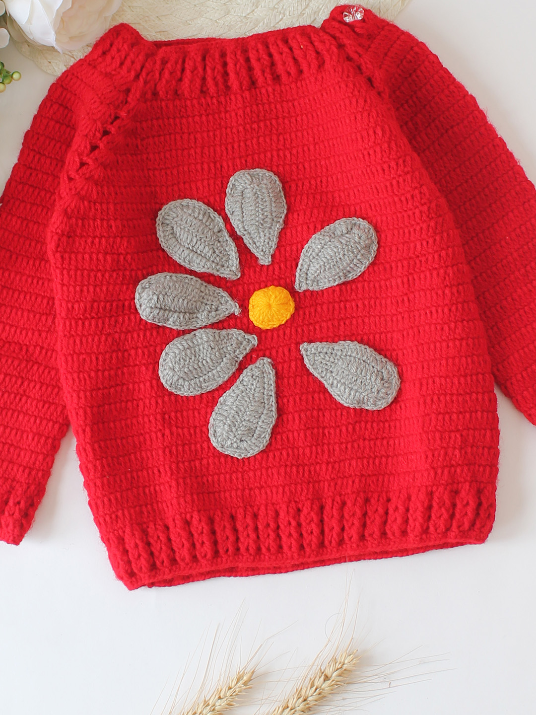 Woonie Handmade Crochet Floral Applique Detailed Sweater - Red