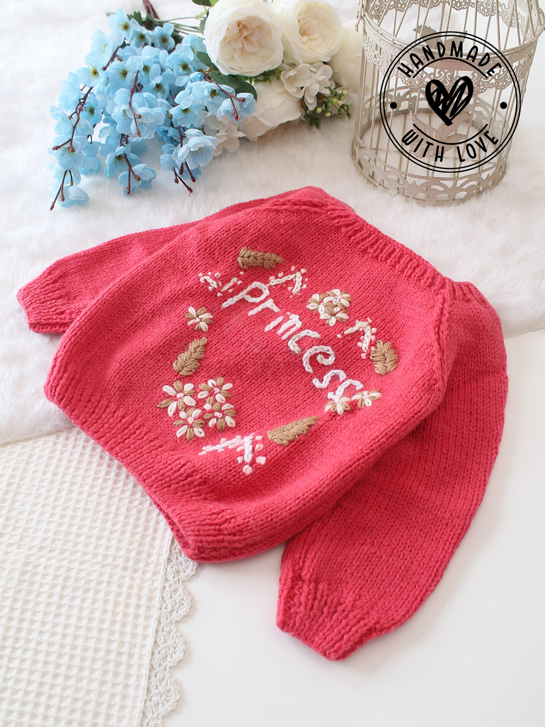 Woonie Handknitted Princess Text Embroidered Sweater - Pink