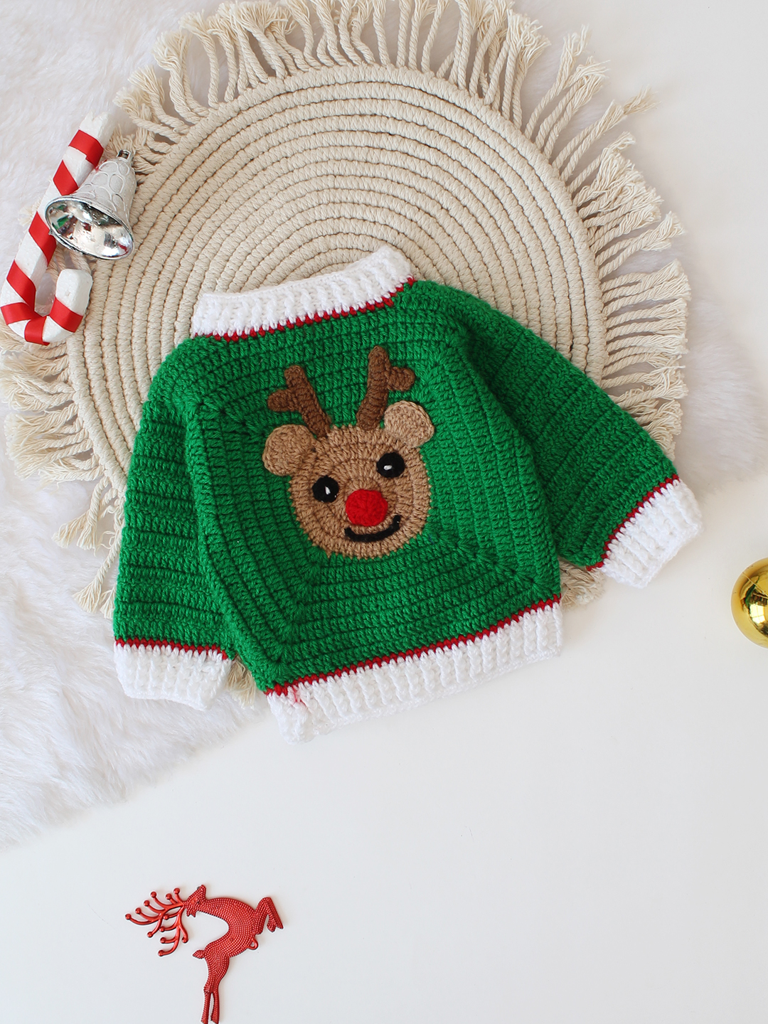 Reindeer Design Crochet Sweater - Green