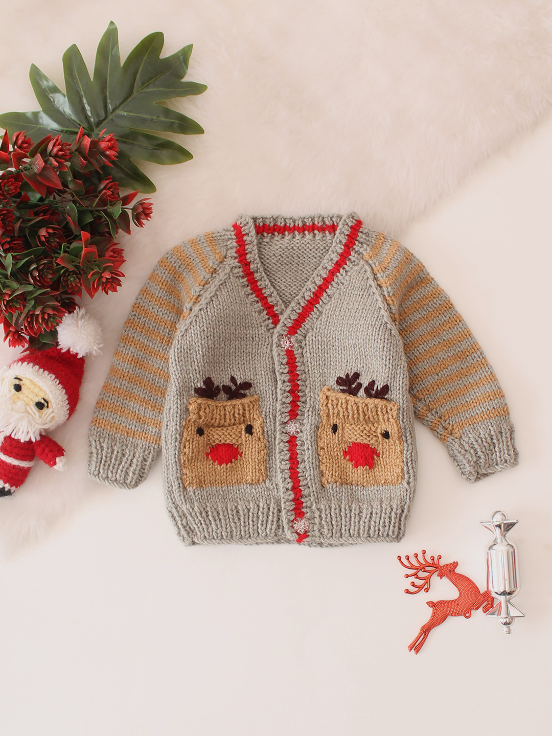 Reindeer Pockets Design Raglan Sleeve Sweater - Grey