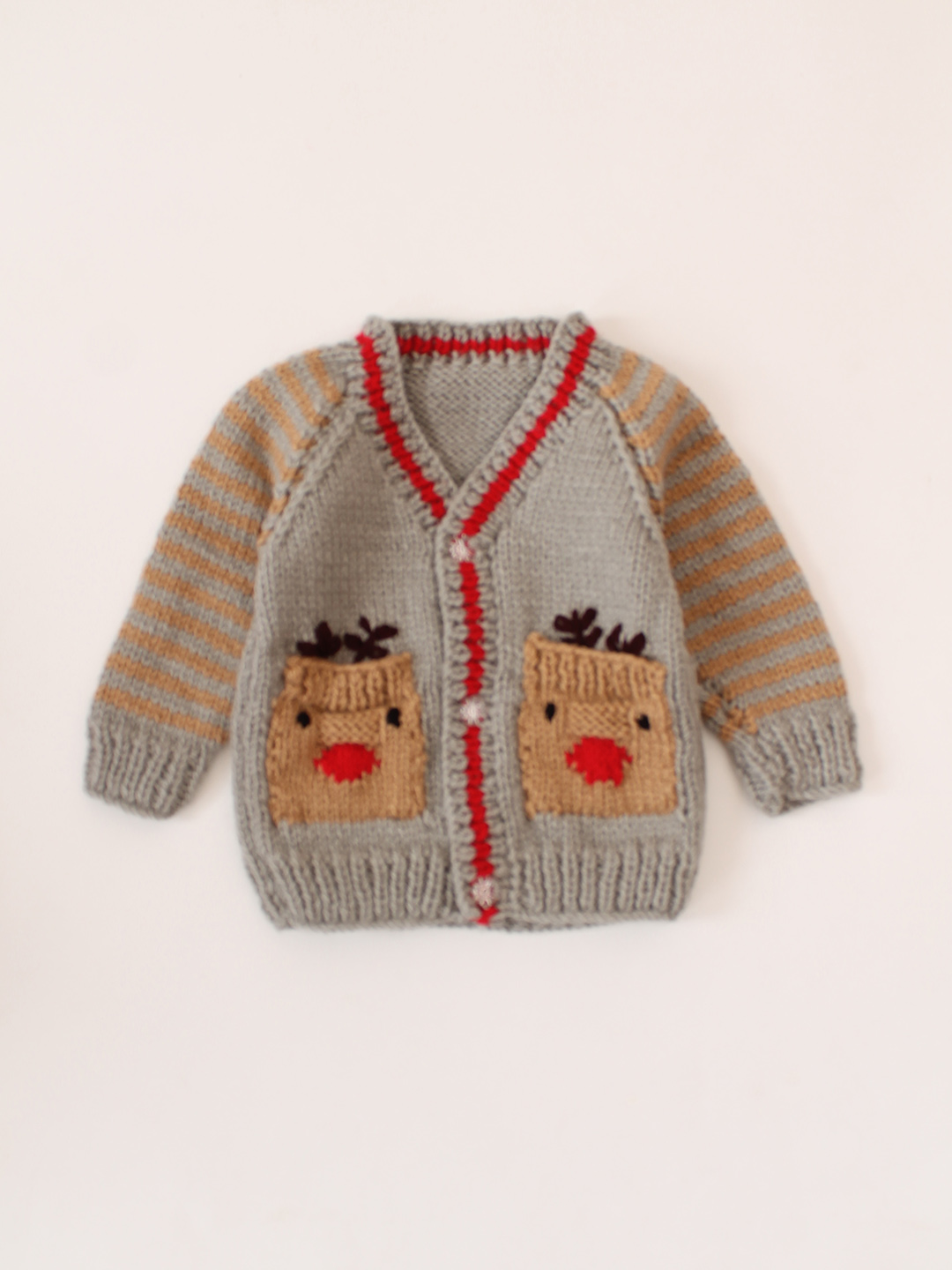 Reindeer Pockets Design Raglan Sleeve Sweater - Grey