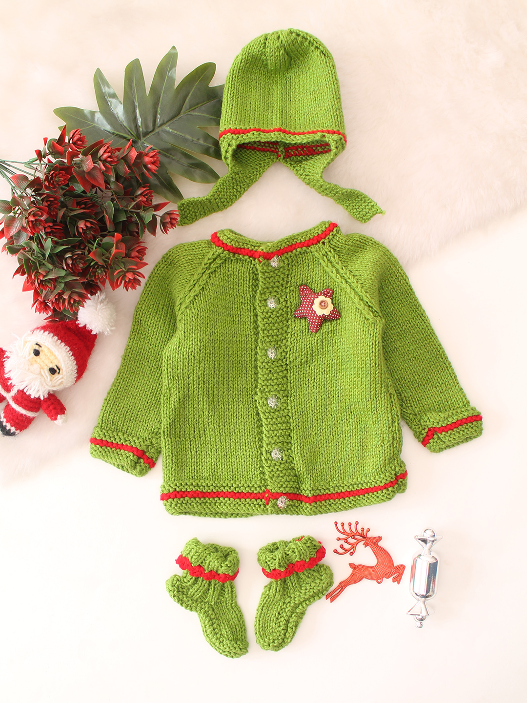 Woonie Handknitted Star Appliqued Sweater - Green