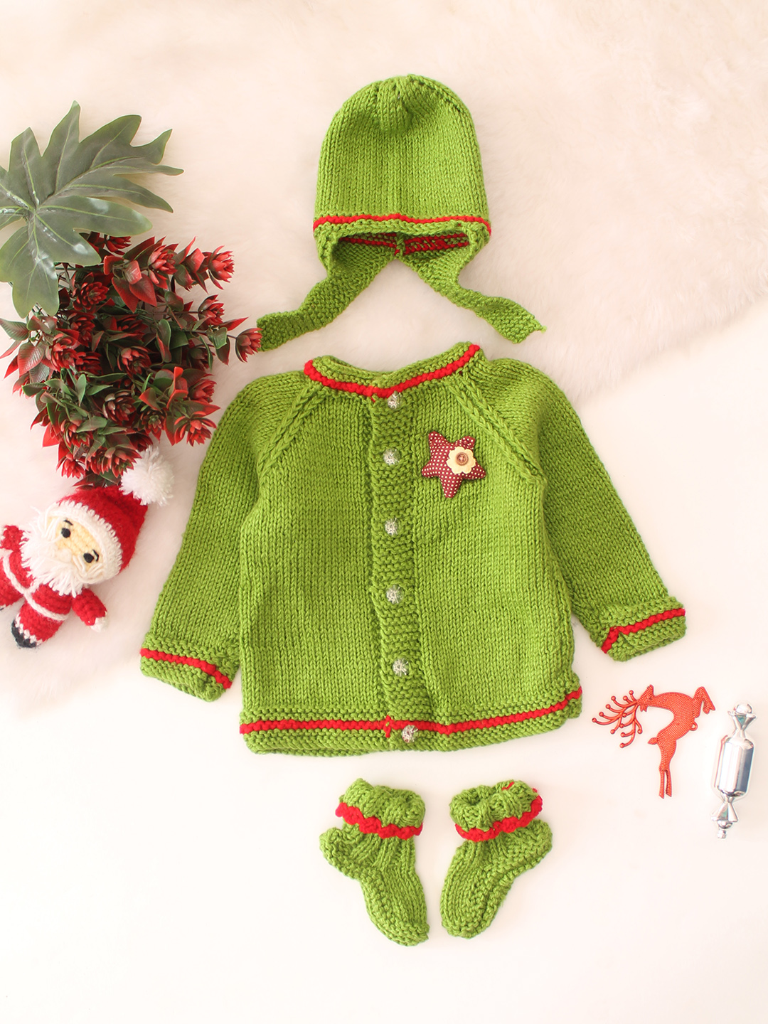 Woonie Handknitted Star Appliqued Sweater - Green
