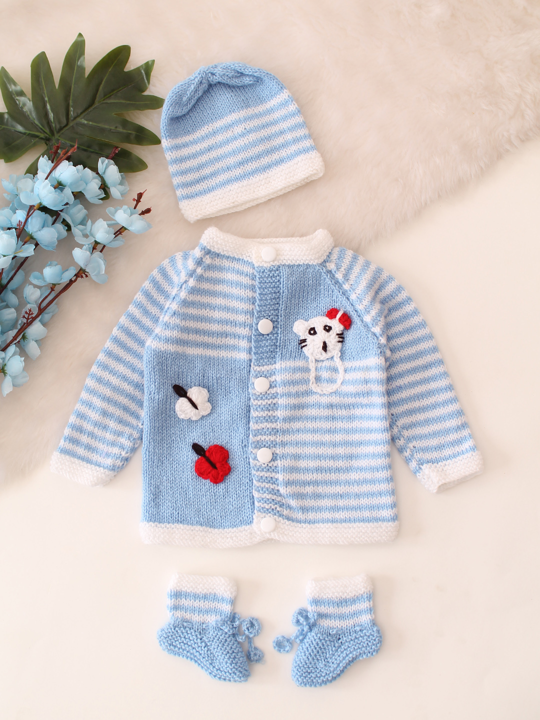 Butterfly Applique Detailed Striped Baby Sweater Set - Blue