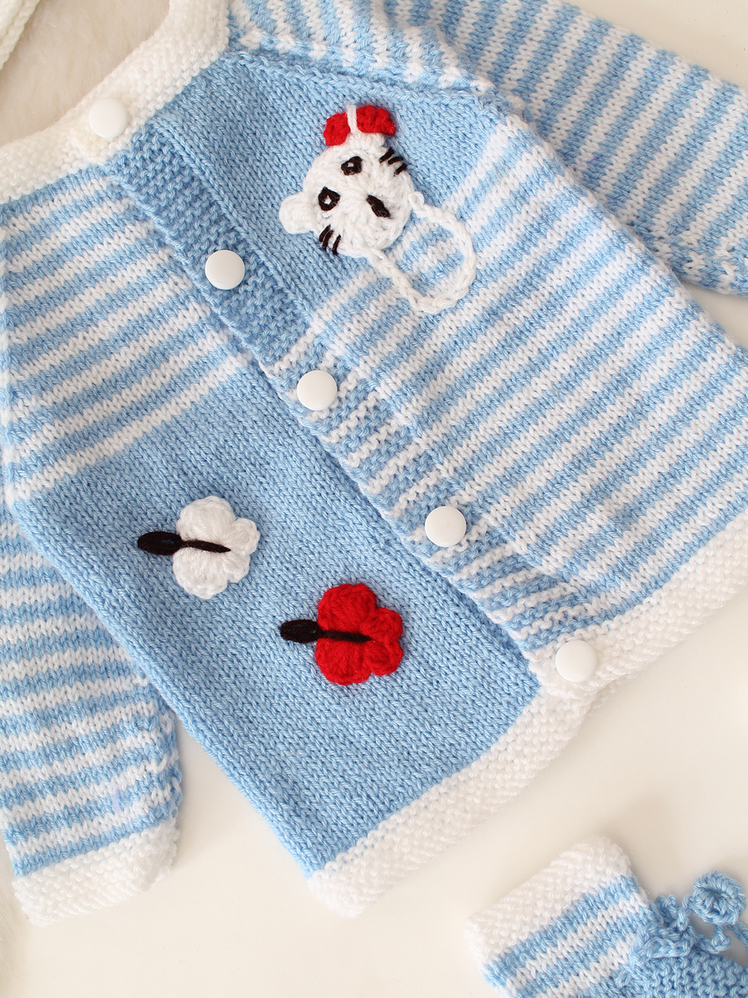 Butterfly Applique Detailed Striped Baby Sweater Set - Blue