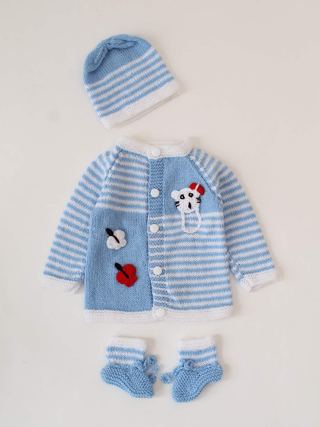 Butterfly Applique Detailed Striped Baby Sweater Set - Blue