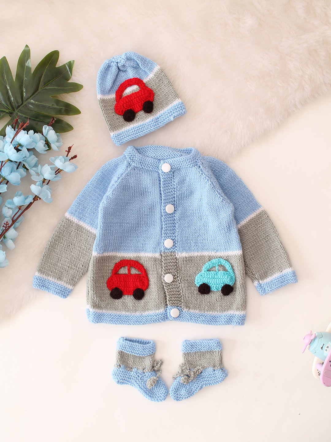 Road and Car Design Baby Sweater Set - Blue
