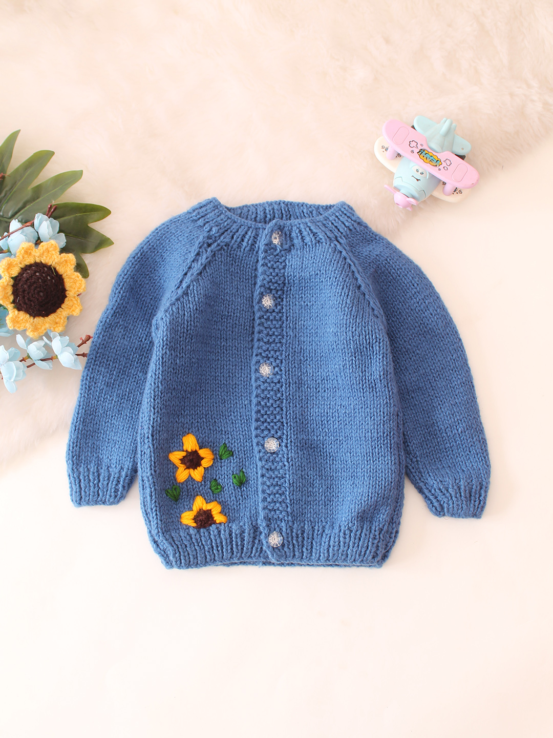 Sunflower Embroidered Baby Handknitted Sweater - Blue