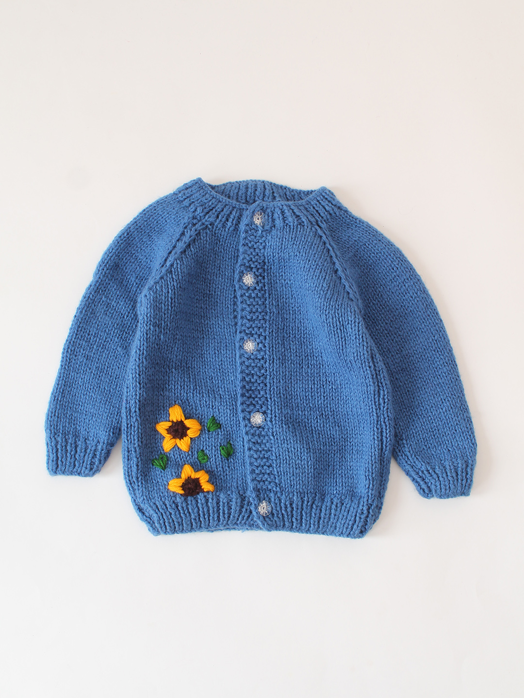 Sunflower Embroidered Baby Handknitted Sweater - Blue