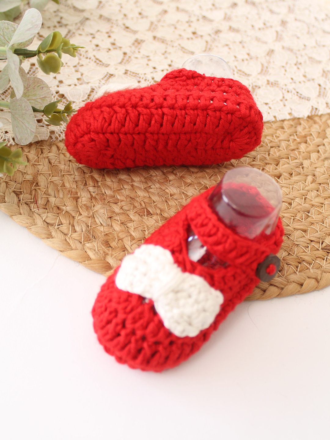 Woonie Cotton Bamboo Bow Detailed Summer Booties - Red