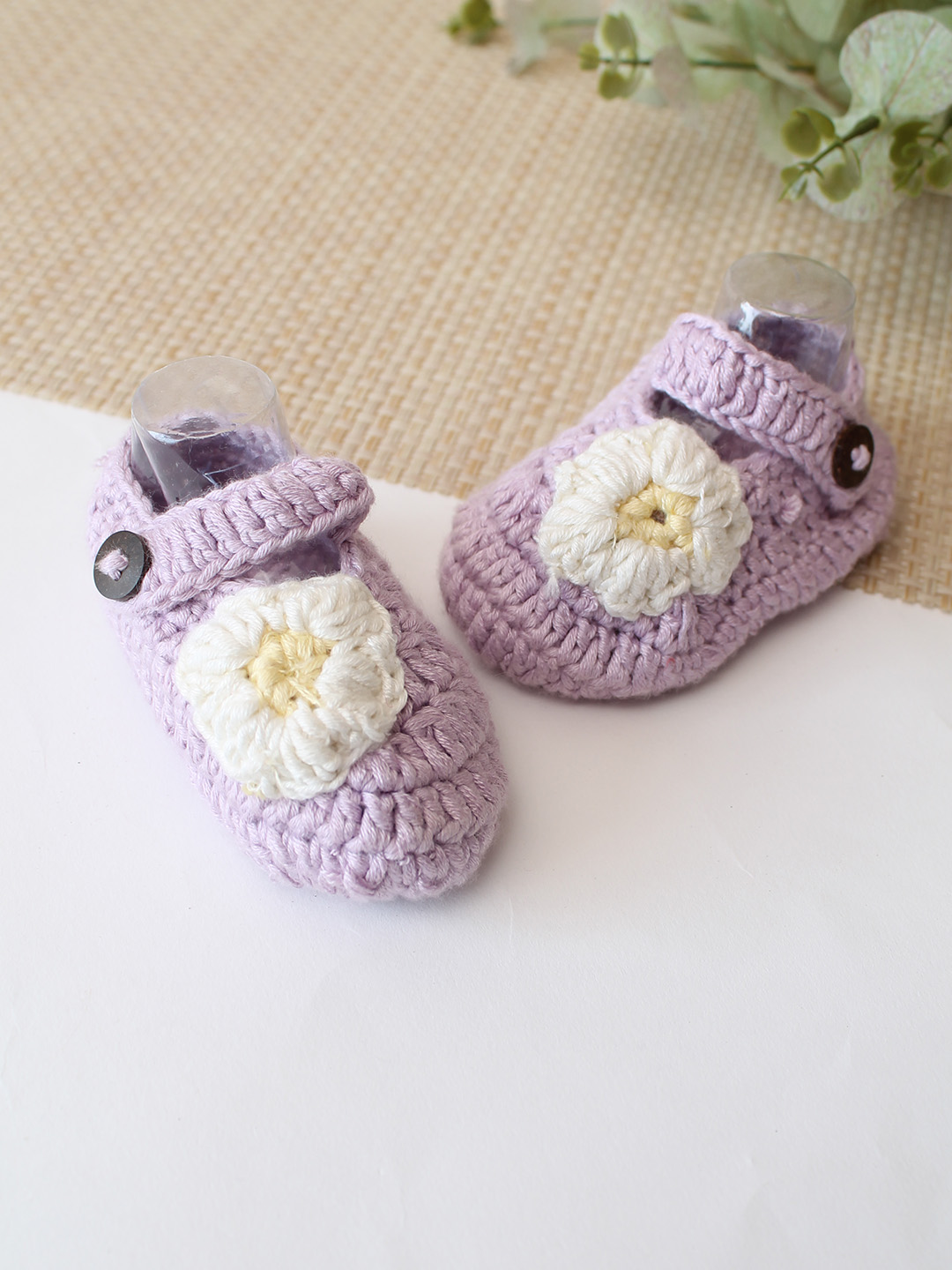 Woonie Cotton Bamboo Floral Applique Summer Booties - Purple