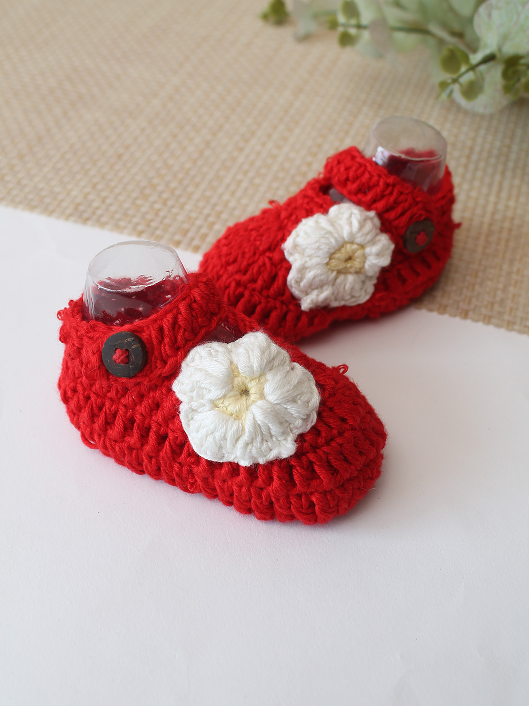 Woonie Cotton Bamboo Floral Applique Summer Booties - Red